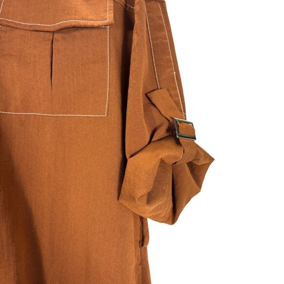 Pretty Garden Medium M Rust Brown Shirt Dress Pockets Roll Tab Sleeve Maxi - Picture 7 of 12